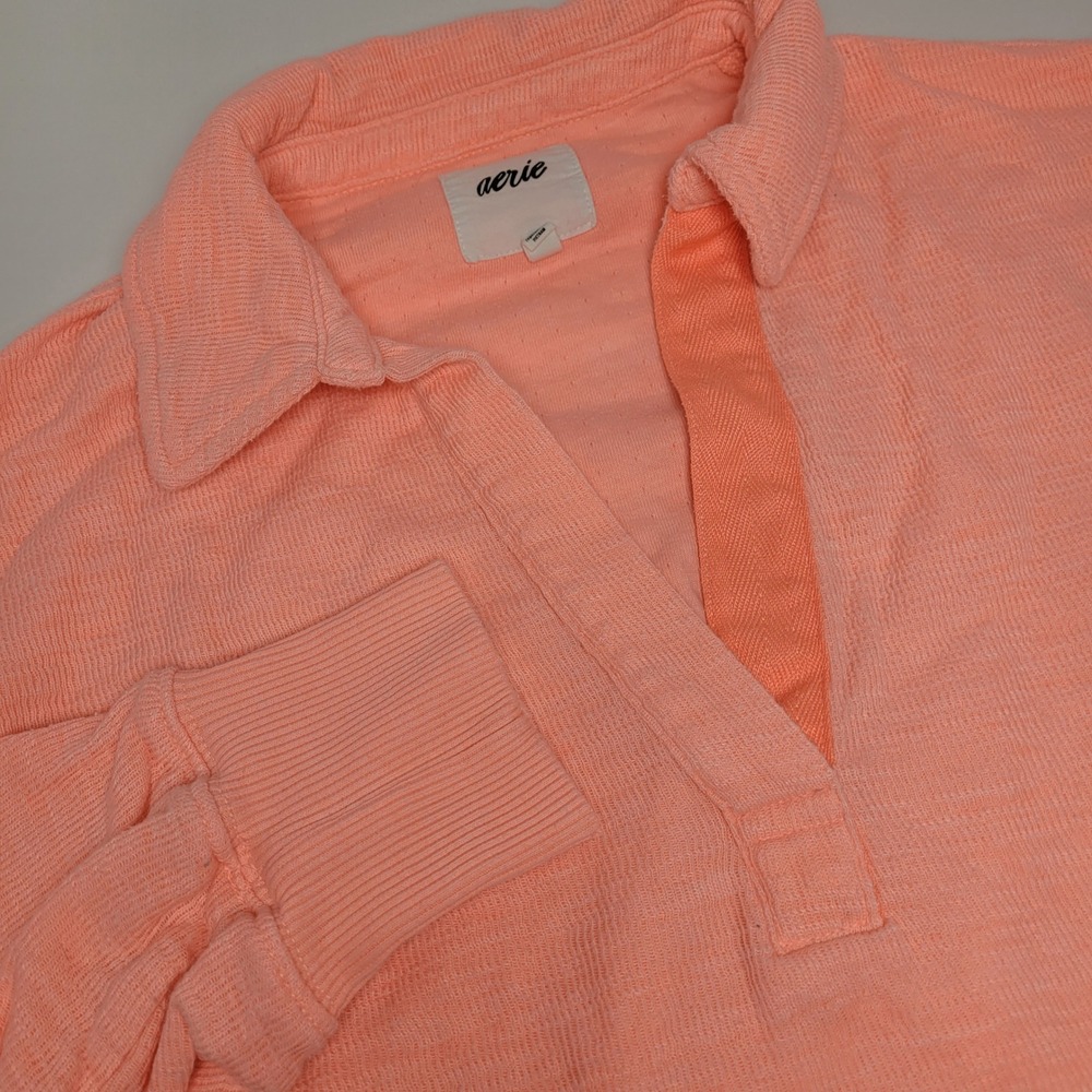 Aerie Polo Sweatshirt Womens Small Coral Pink Excellent Slub Knit V-Neck Relaxed